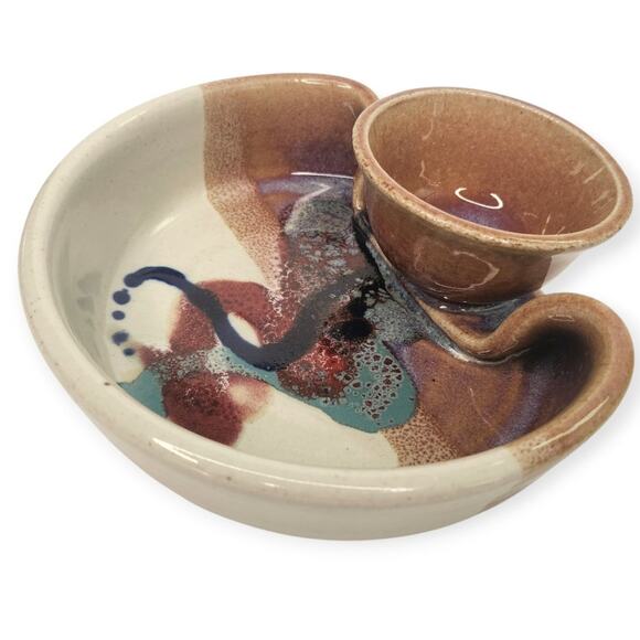 Bruce Larrabee Bi-part Ceramic Glazed Chip Dip Serving Bowl Artisan Pottery - Picture 3 of 10